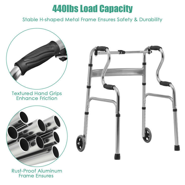 440LBS Heavy-Duty Folding Walker Adjustable H-shaped Walking Helper Portable Medical Walker with Wheels and Bi-Level Armrests