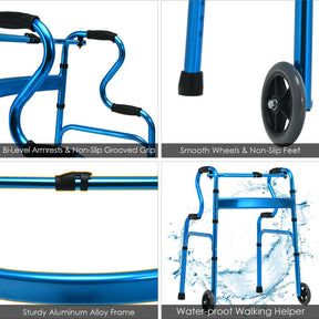 440LBS Heavy-Duty Folding Walker Adjustable H-shaped Walking Helper Portable Medical Walker with Wheels and Bi-Level Armrests