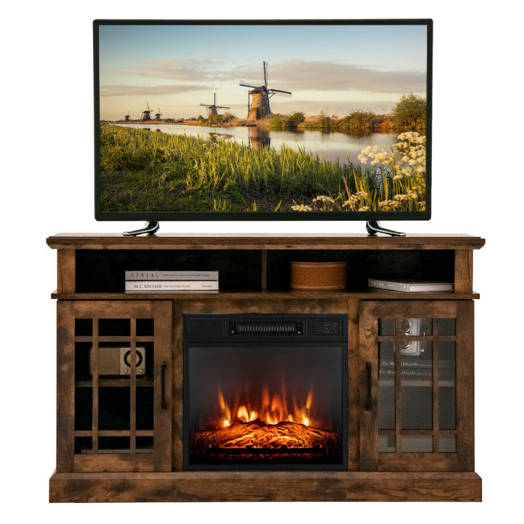 48 Inch Wooden TV Stand Console Table with 1400W Electric Fireplace and Open Storage