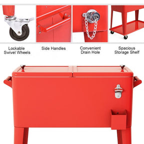 Outdoor 80 Quart Rolling Cooler Cart Patio Beverage Bar Trolley Ice Chest with Bottle Opener for Cookouts Party BBQ