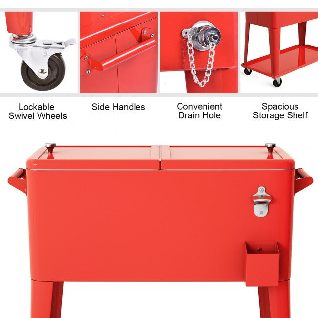Outdoor 80 Quart Rolling Cooler Cart Patio Beverage Bar Trolley Ice Chest with Bottle Opener for Cookouts Party BBQ