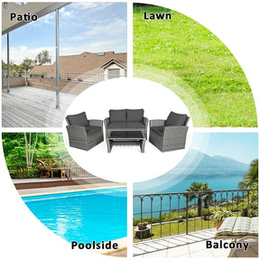 4 Pcs Rattan Patio Sectional Furniture Set with Storage Shelf Table, Cushioned Outdoor Wicker Conversation Sofa Set