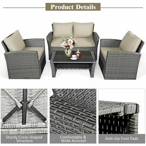 4 Pcs Rattan Patio Sectional Furniture Set with Storage Shelf Table, Cushioned Outdoor Wicker Conversation Sofa Set