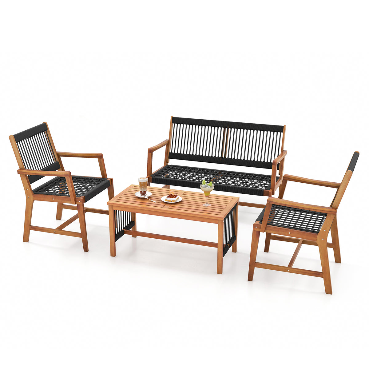 4 Pieces Acacia Wood Conversation Table and Chair Set with Hand Woven Rope for Outdoor Patio