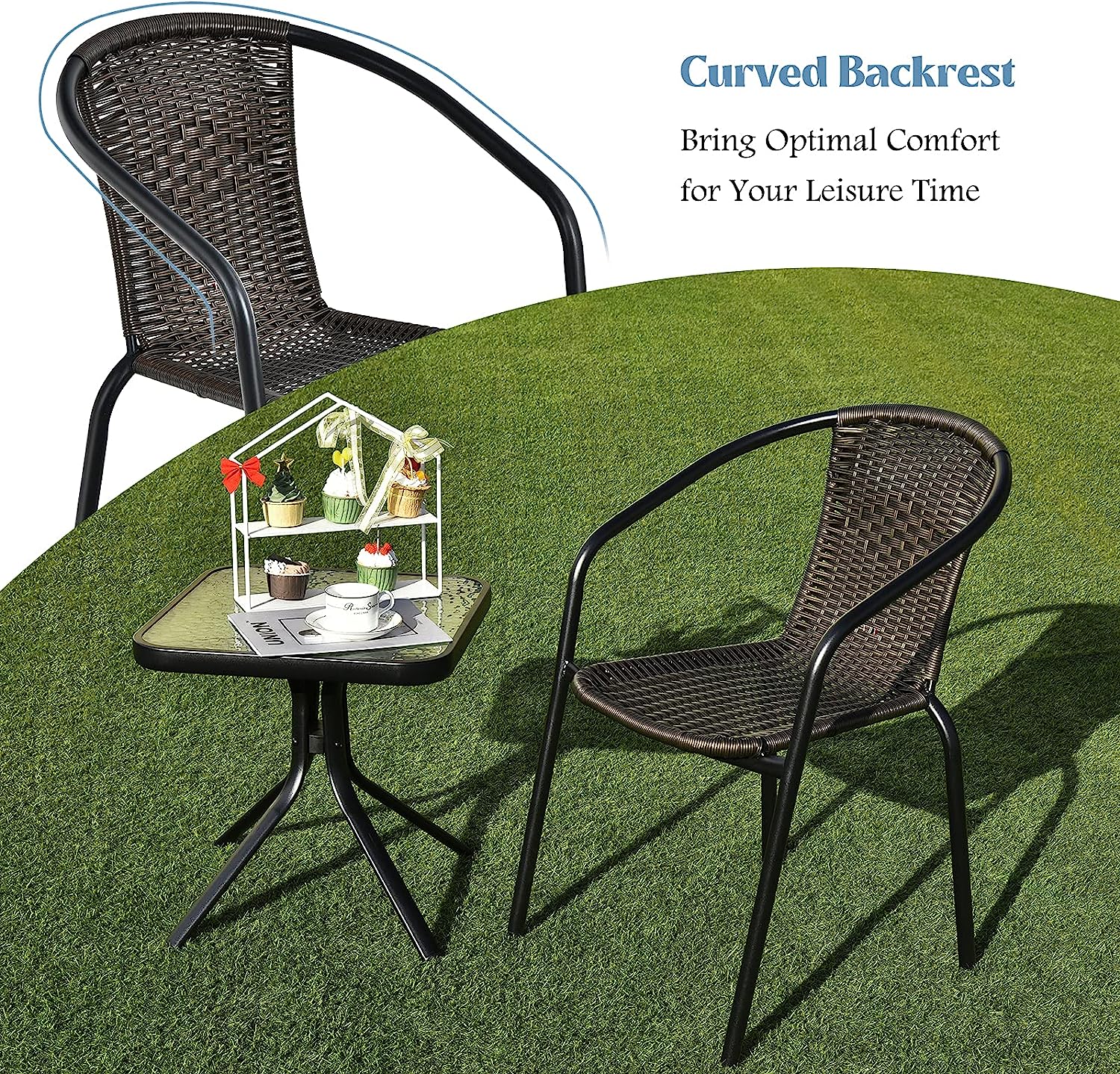 4 Pieces All-weather Dining Chairs Patio Rattan Bistro Chair Set with Curved Backrest and Armrests
