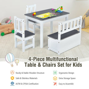 4 Pieces Kids Wooden Table and Chairs Set with Storage Bench  for Home and Kindergarten