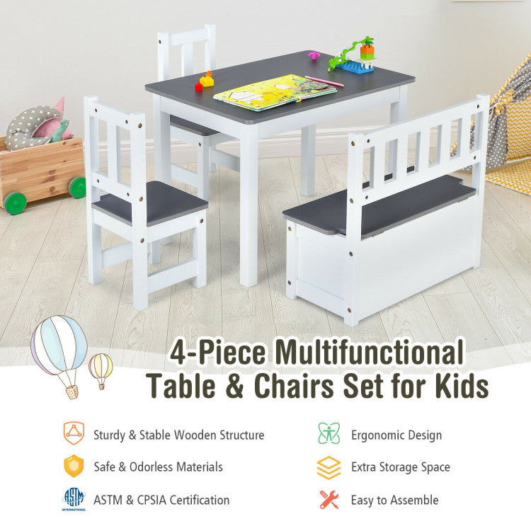 4 Pieces Kids Wooden Table and Chairs Set with Storage Bench  for Home and Kindergarten