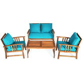 4 Pieces Outdoor Acacia Wood Furniture Set Patio Sofa Chair Conversation Set with Cushions