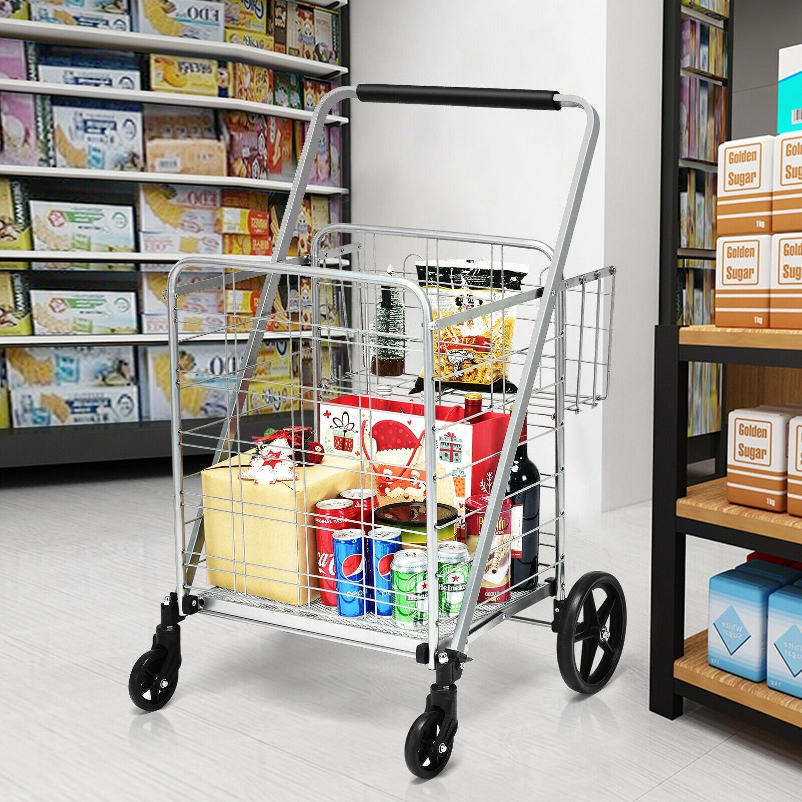 Portable Jumbo Double Basket Utility Grocery Cart Heavy Duty Folding Shopping Cart with 360° Rolling Swivel Wheels