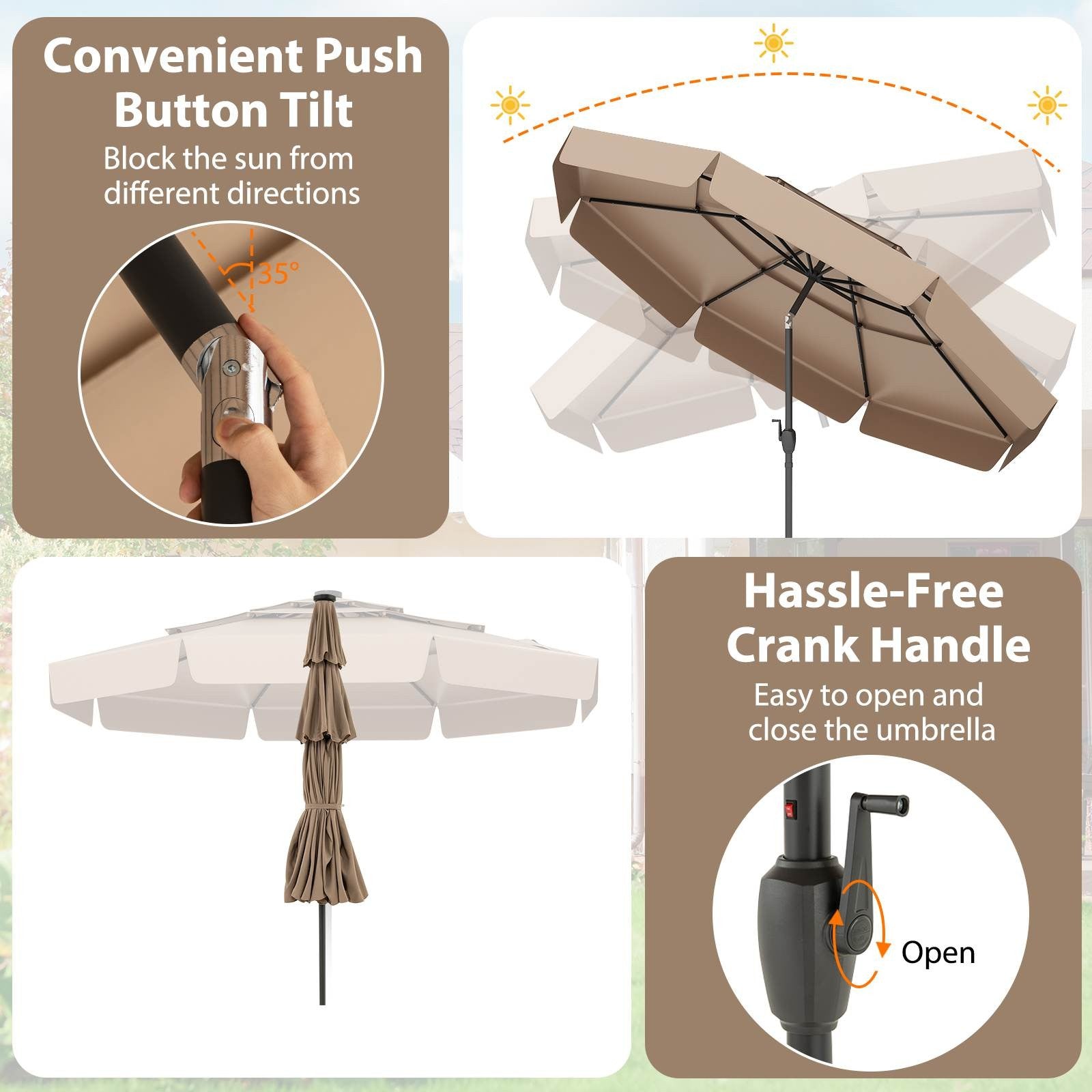 3m Solar Patio Umbrella w/ 32 LED Lights 3-Tier Vented Top Tilt Adjustment Beach
