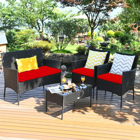 4 Pieces Patio Rattan Cushioned Sofa Set with Tempered Glass Coffee Table