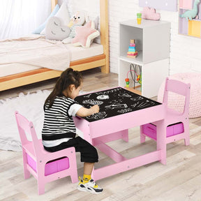 Kids Table & Chairs Set, 3-in-1 Wooden Toddler Activity Table with Storage, Reversible Tabletop & Blackboard for Art Craft, Drawing, Playroom