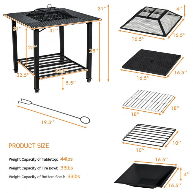31" Multifunctional Outdoor Fire Pit Patio Fireplace Dining Table with BBQ Grate