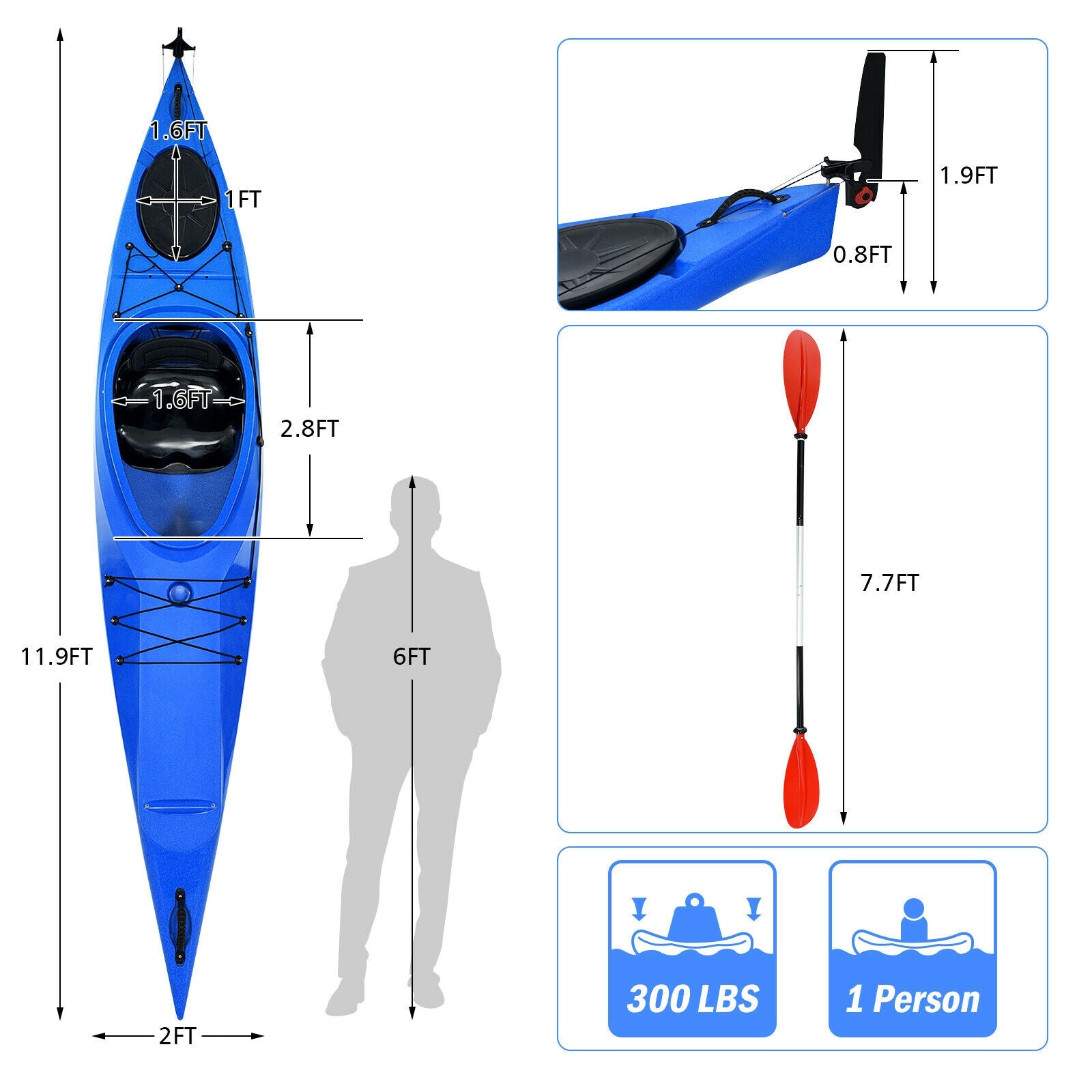 Single Sit-in Kayak Fishing Kayak Boat With Paddle and Detachable Rudder