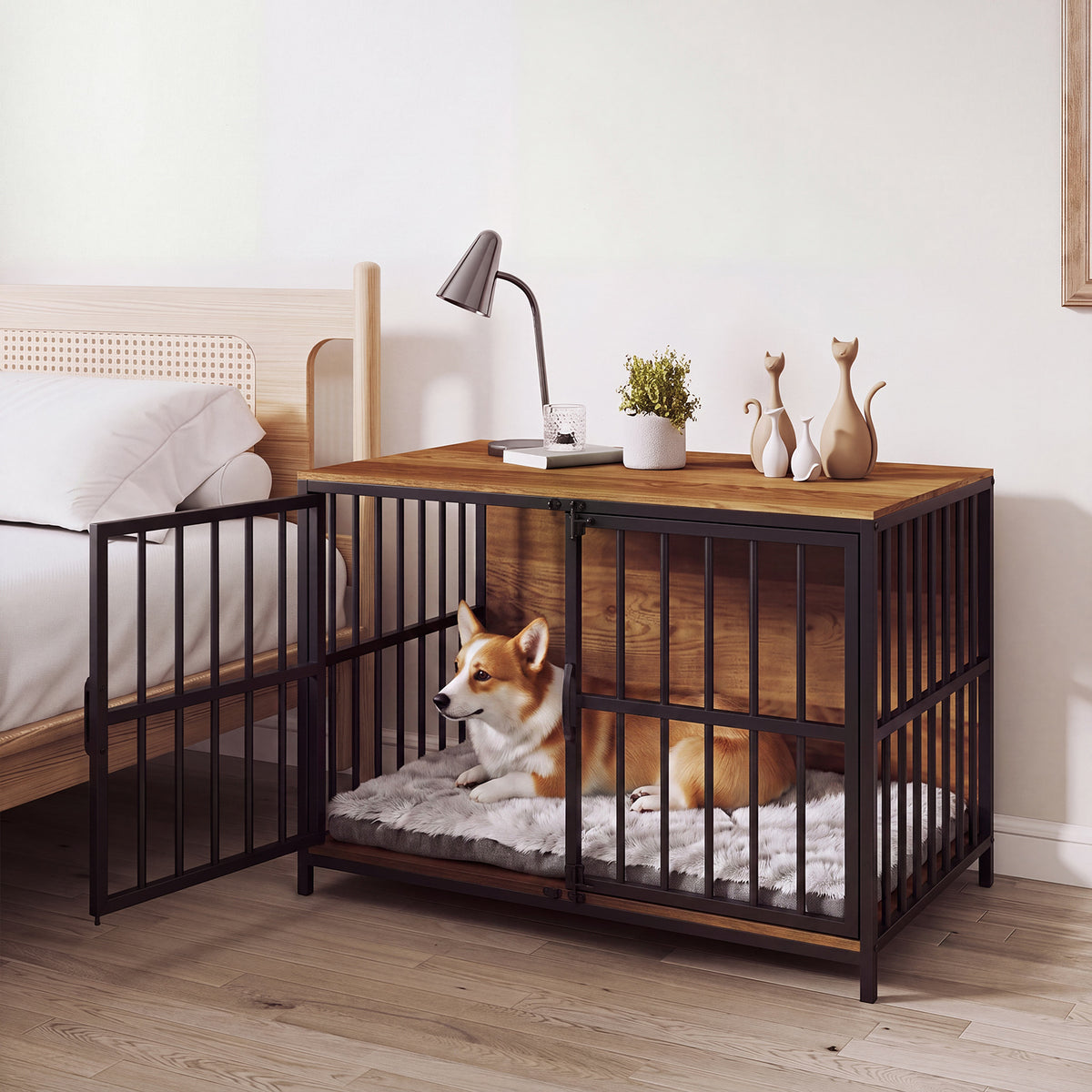 Heavy-Duty Dog Crate Furniture, 100 cm Dog Kennel with Dual Lockable Double Doors