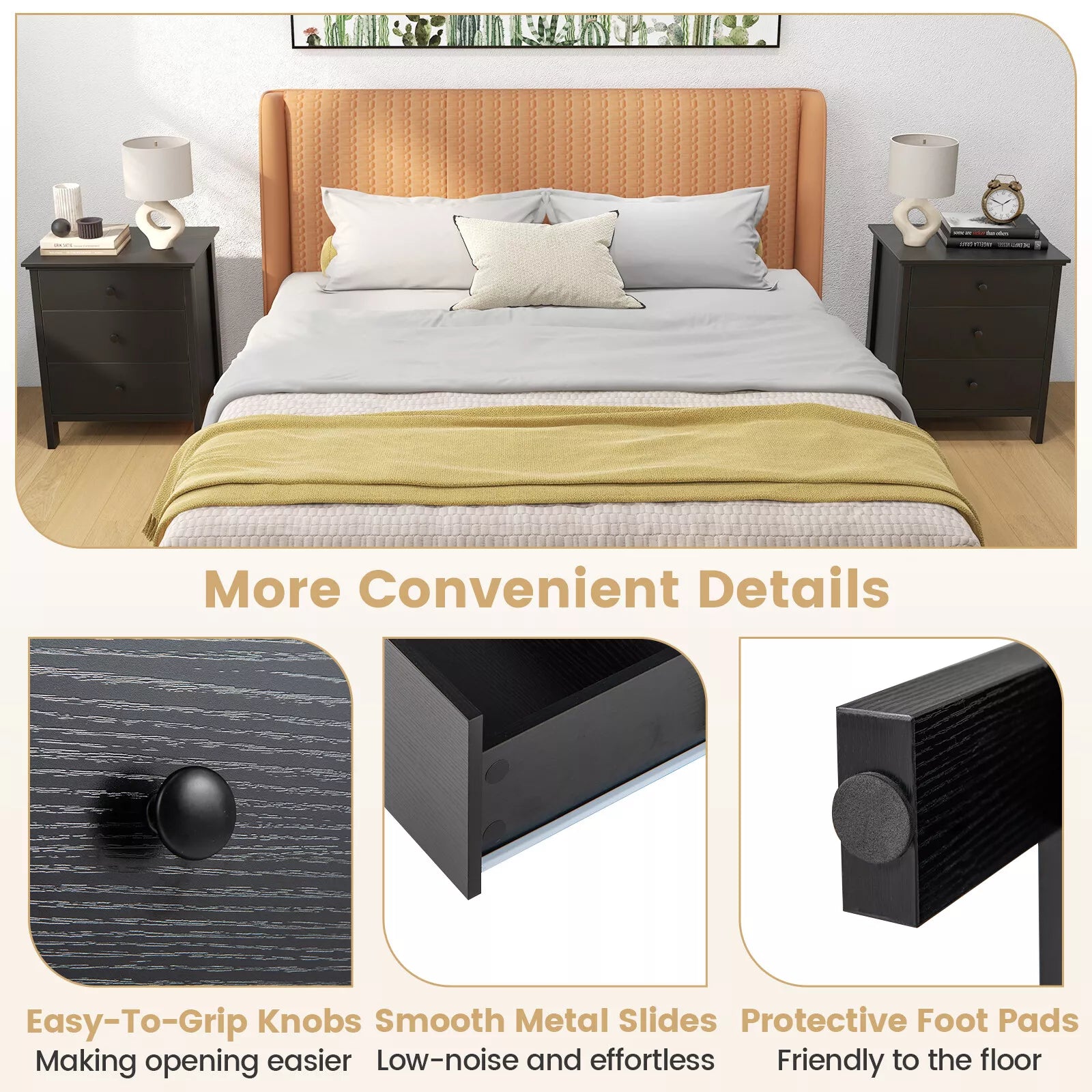 Giantex 3-Drawer Nightstand Wooden Bedside Table Modern Side End Table Chest of Drawers