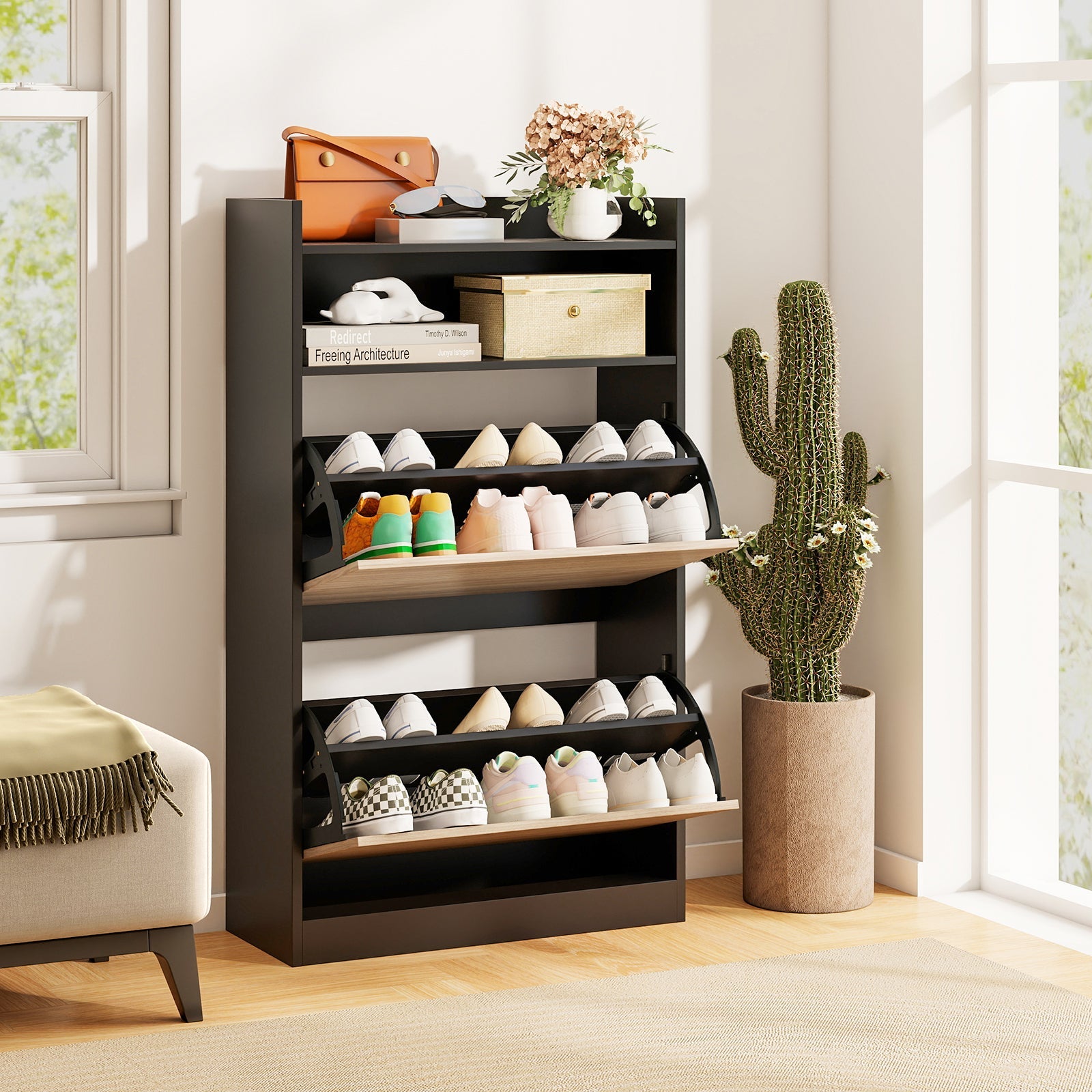 Shoe Storage Cabinet with 2 Flip Drawers, Slim Hidden Narrow Shoe Organizer