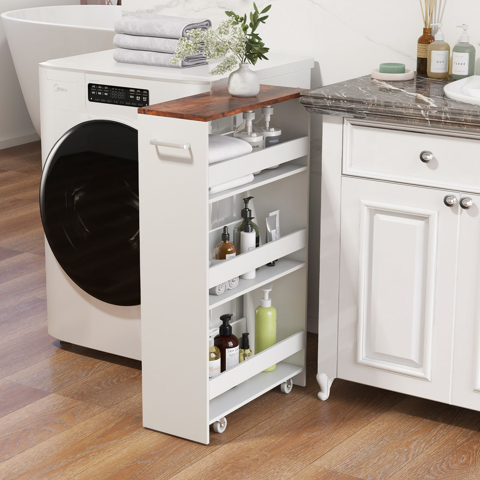 4-Tier Rolling Storage Cart 20cm Slim Kitchen Cart on Wheels with Open Shelves and Handle