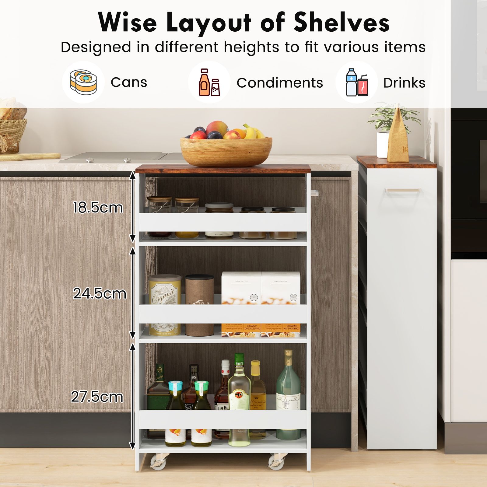 4-Tier Rolling Storage Cart 20cm Slim Kitchen Cart on Wheels with Open Shelves and Handle