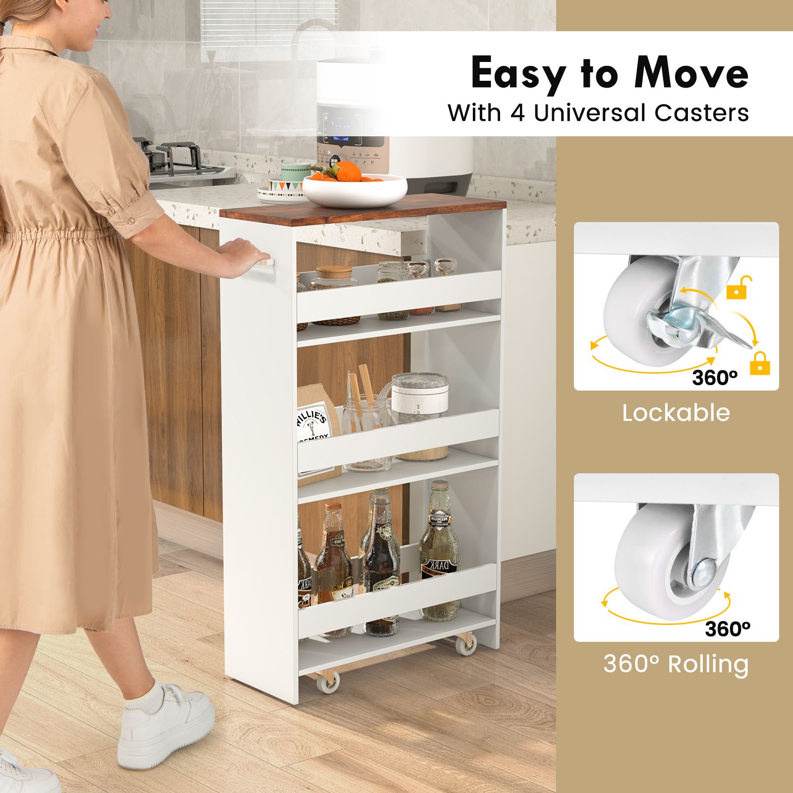 4-Tier Rolling Storage Cart 20cm Slim Kitchen Cart on Wheels with Open Shelves and Handle