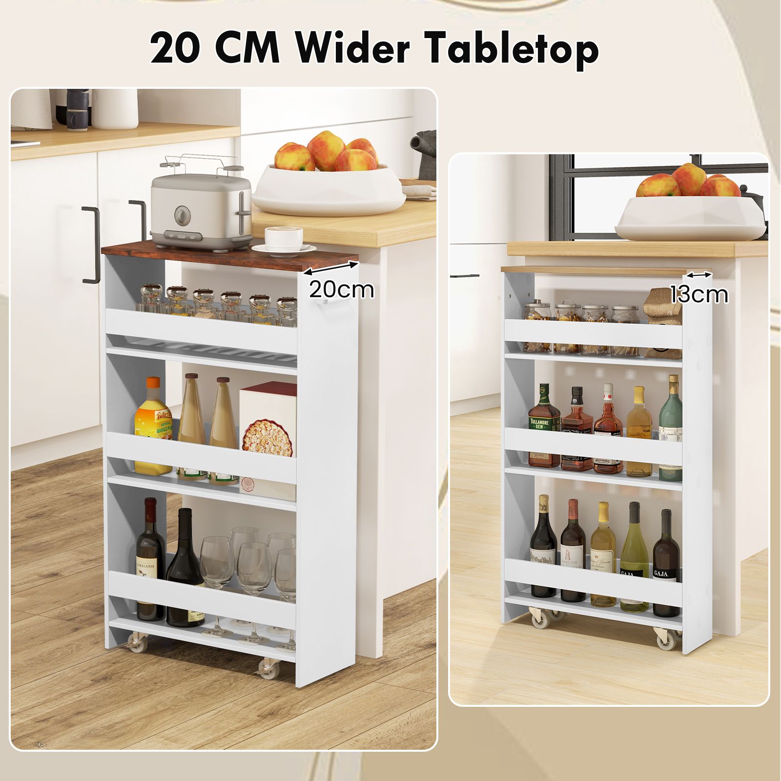 4-Tier Rolling Storage Cart 20cm Slim Kitchen Cart on Wheels with Open Shelves and Handle