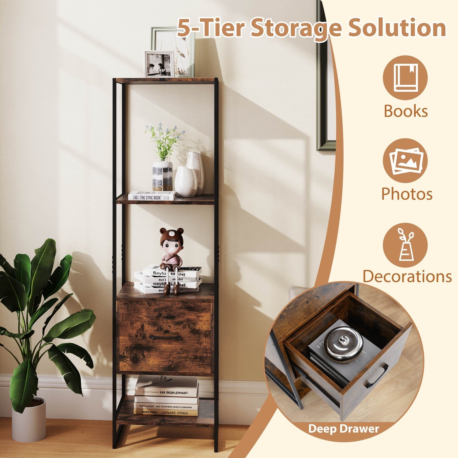 5-Tier Bookshelf with Drawer Tall Narrow Bookcase