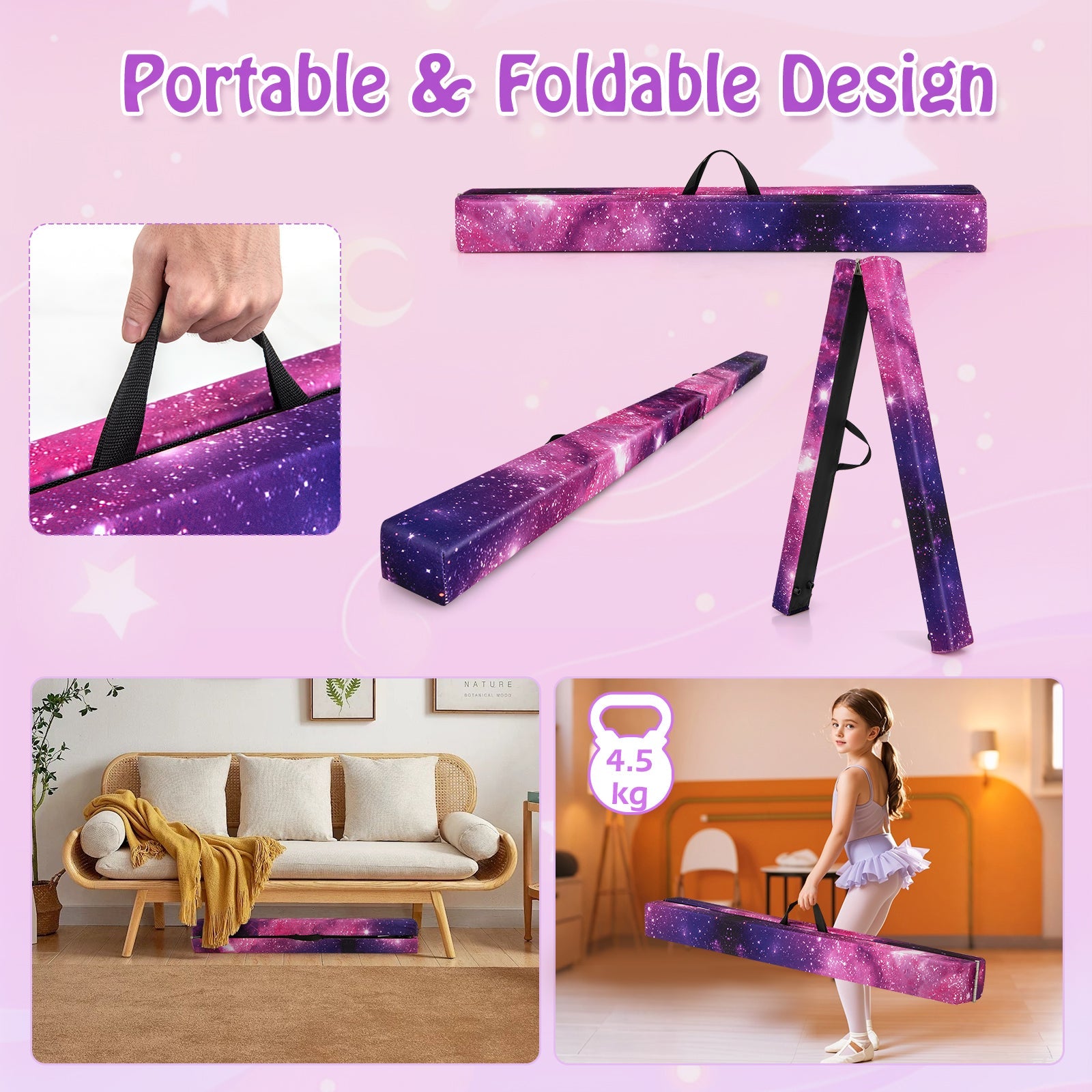 8 FT Folding Balance Beam, Extra Firm Floor Gymnastics Equipment for Professional Home Training