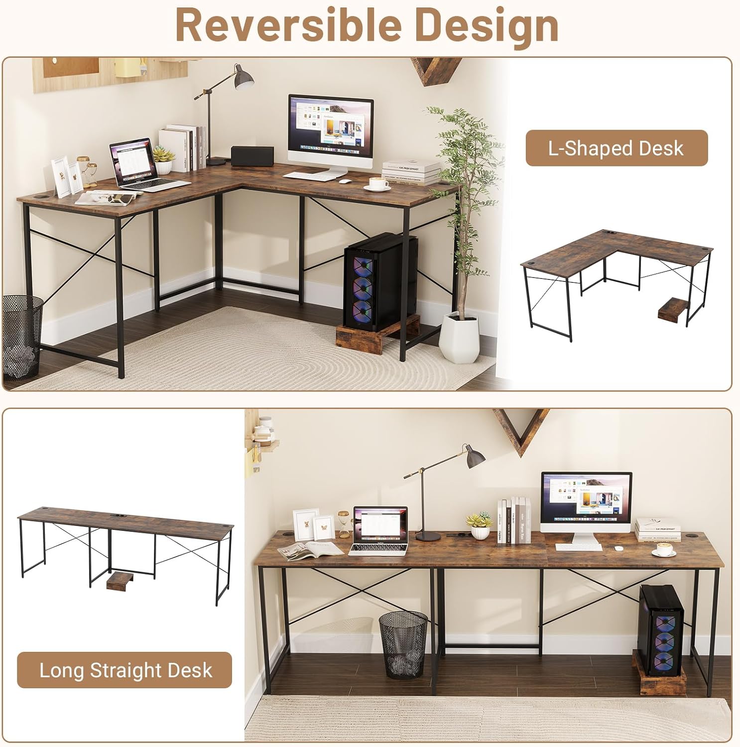 Giantex 150 cm Reversible L-Shaped Desk with Built-in Power Strip