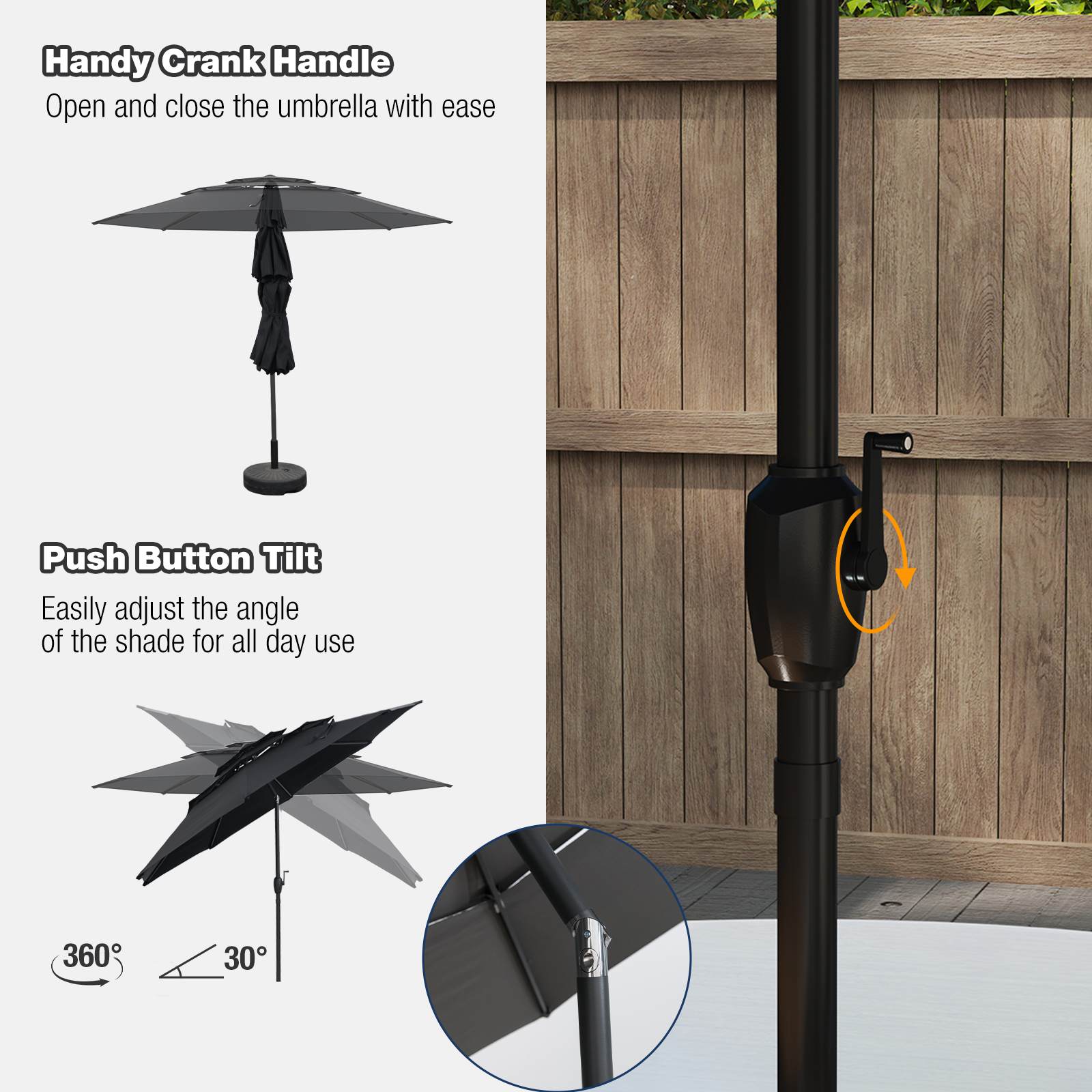 3 m 3-tier Vented Patio Umbrella Outdoor Heavy Duty Sun Shade w/Push Button Tilt