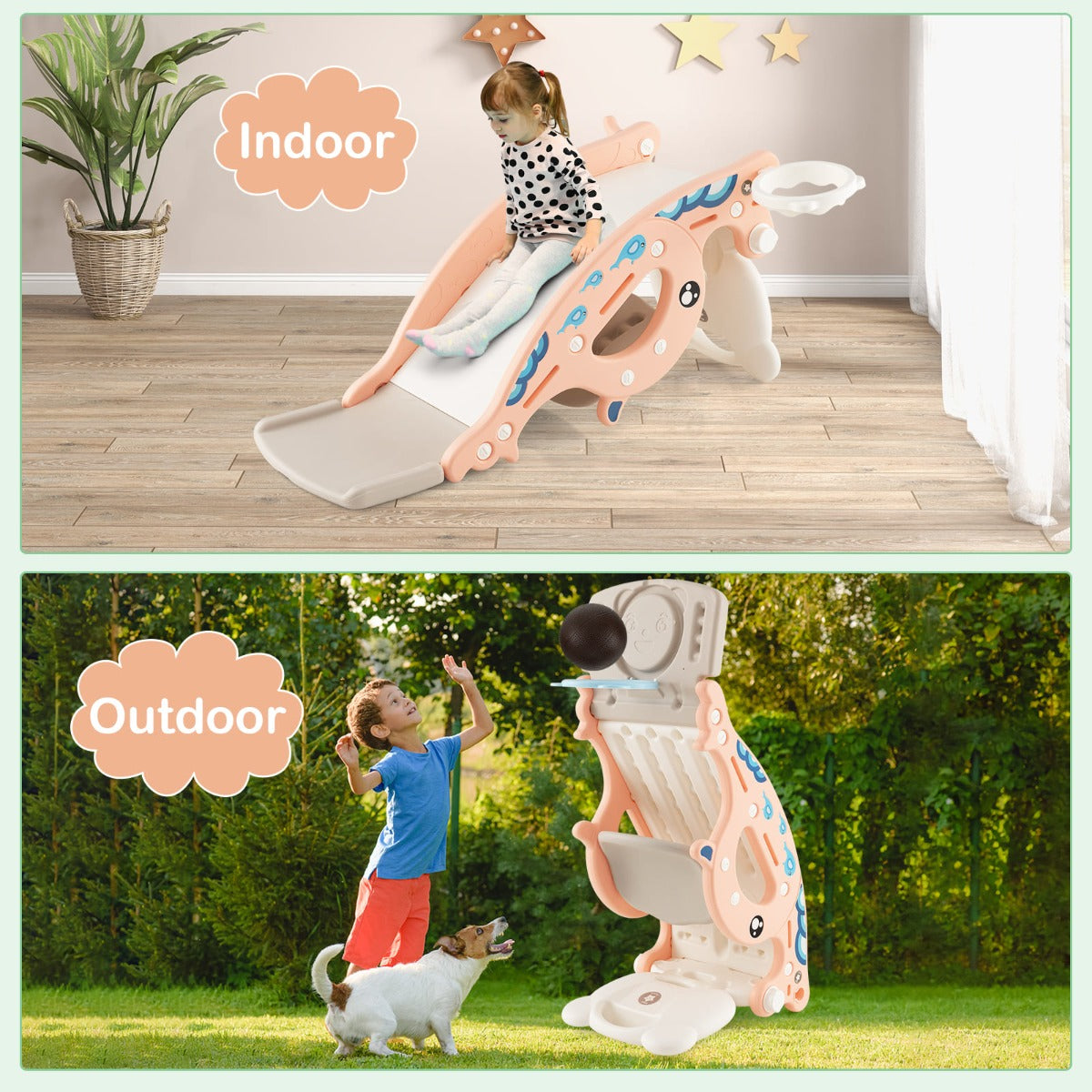 4-in-1 Kids Slide Rocking Toy Toddler Slide with Rocking Horse and Basketball Hoop