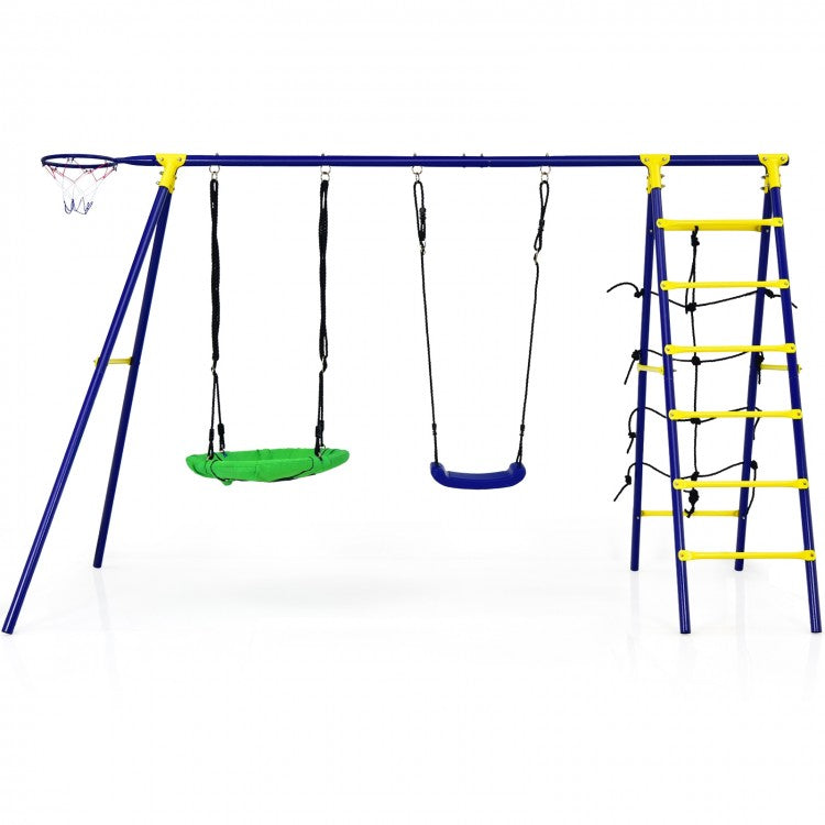 5-In-1 Outdoor Yardard Kids Swing Set with A-Shaped Metal Frame and Ground Stake