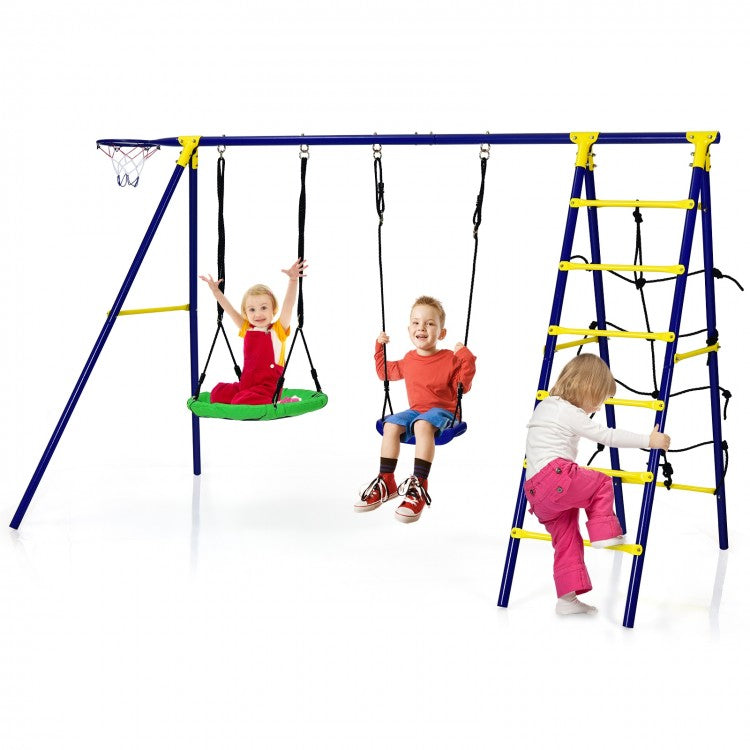 5-In-1 Outdoor Yardard Kids Swing Set with A-Shaped Metal Frame and Ground Stake
