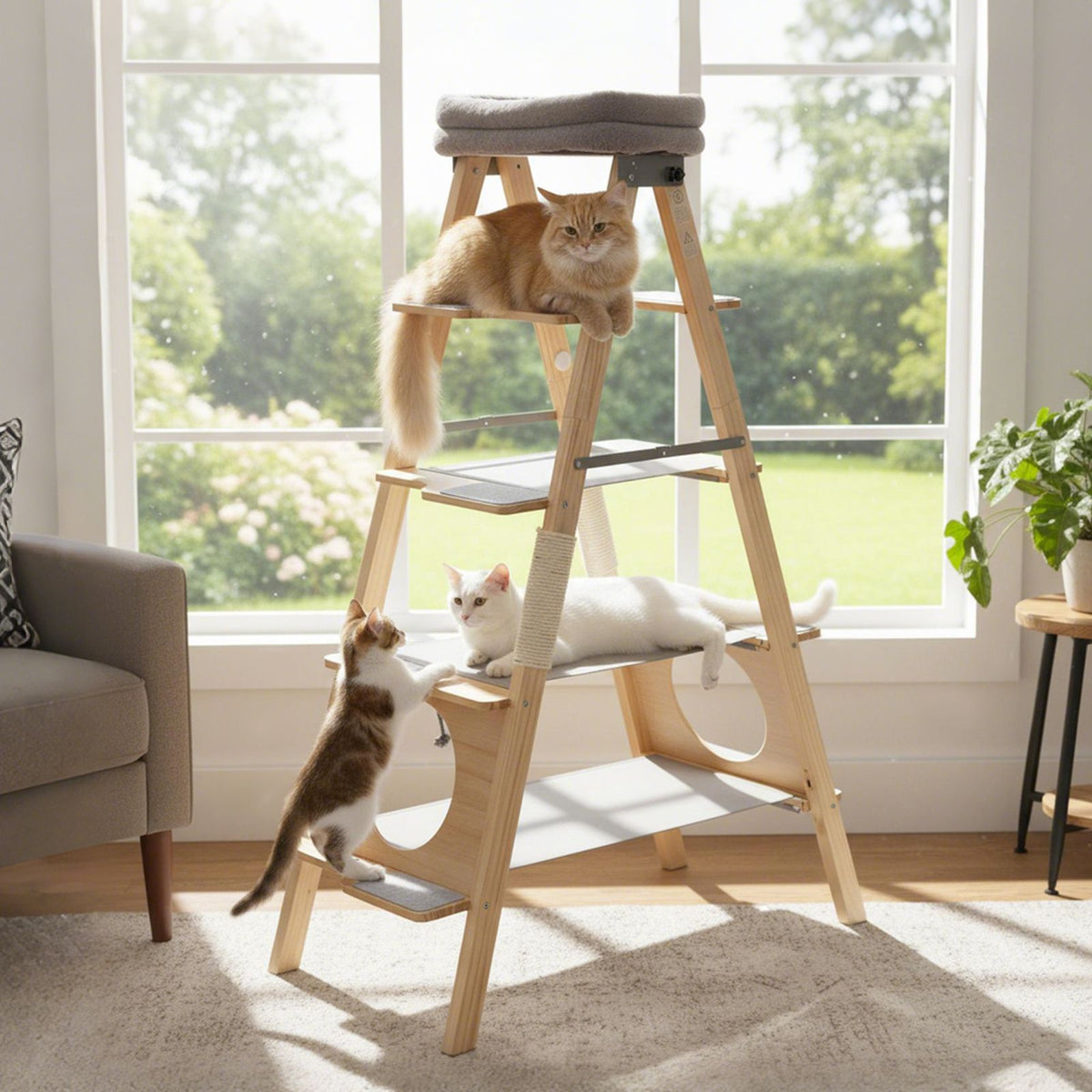 Modern Wooden Cat Tree, Foldable Cat Climbing Furniture w/ Ladder Design