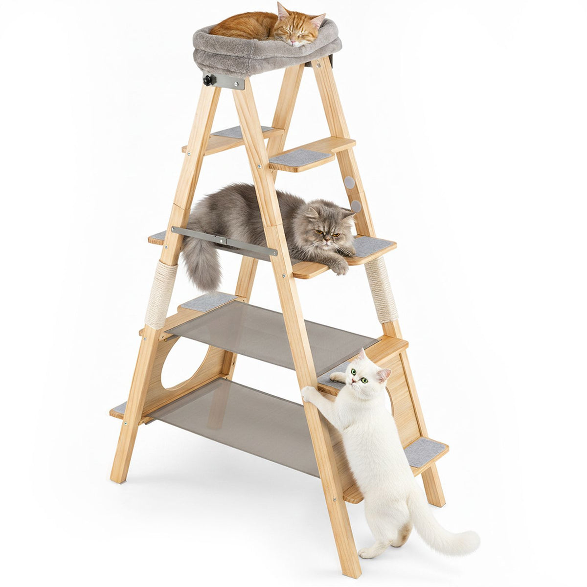 Modern Wooden Cat Tree, Foldable Cat Climbing Furniture w/ Ladder Design