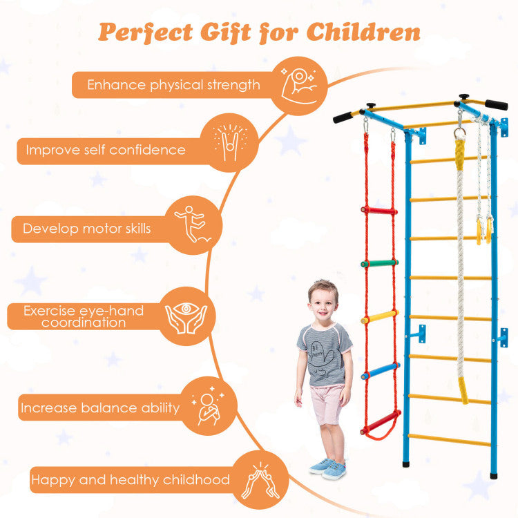 5-in-1 Kids Climbing Toys Indoor Steel Climb Gym Playground Set with Wall Ladder and Gymnastic Rings for Exercise