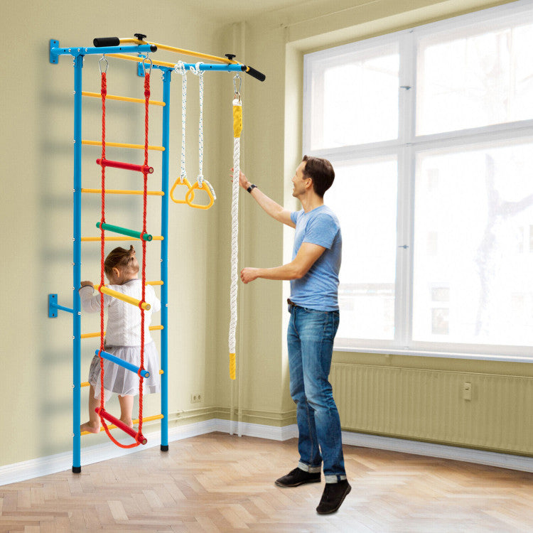 5-in-1 Kids Climbing Toys Indoor Steel Climb Gym Playground Set with Wall Ladder and Gymnastic Rings for Exercise