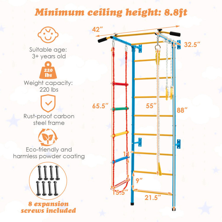 5-in-1 Kids Climbing Toys Indoor Steel Climb Gym Playground Set with Wall Ladder and Gymnastic Rings for Exercise