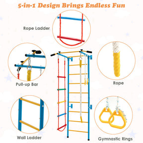 5-in-1 Kids Climbing Toys Indoor Steel Climb Gym Playground Set with Wall Ladder and Gymnastic Rings for Exercise