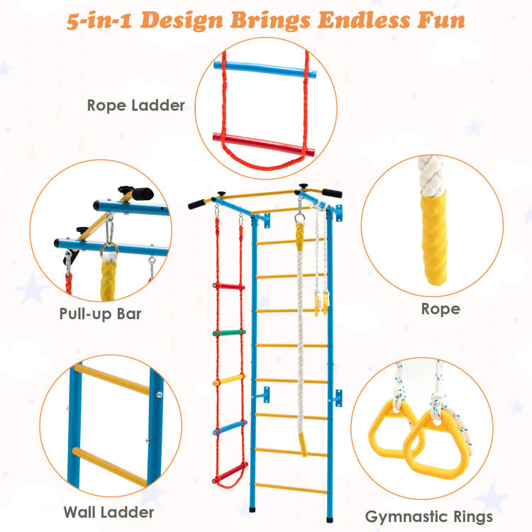 5-in-1 Kids Climbing Toys Indoor Steel Climb Gym Playground Set with Wall Ladder and Gymnastic Rings for Exercise