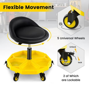 50-64 cm Height Adjustable Rolling Garage Stool with Tool Tray Storage