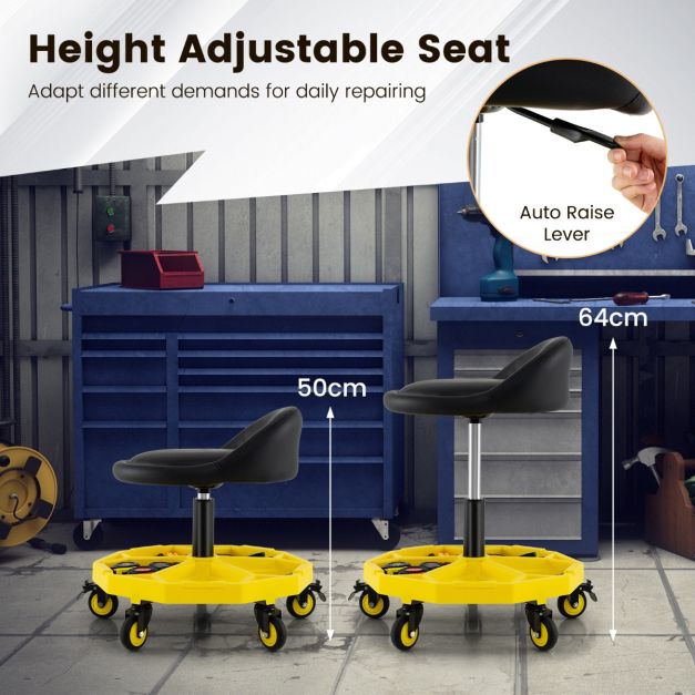 50-64 cm Height Adjustable Rolling Garage Stool with Tool Tray Storage