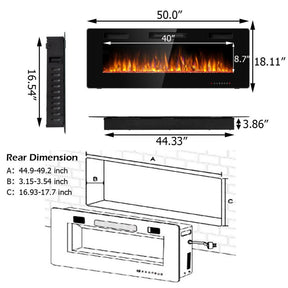 50 Inch Recessed Ultra Thin Electric Fireplace with Timer and 2 Heating Modes