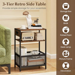 End Table w/Charging Station, Open Shelf & Metal Mesh Compartment