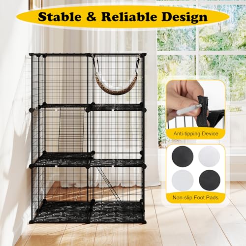 3/4 Tier Cat Enclosure, 107 CM Large Cat Cage w/Comfy Hammock, 2 Ladders, 3 Doors & 1 Sky Window for Easy Access