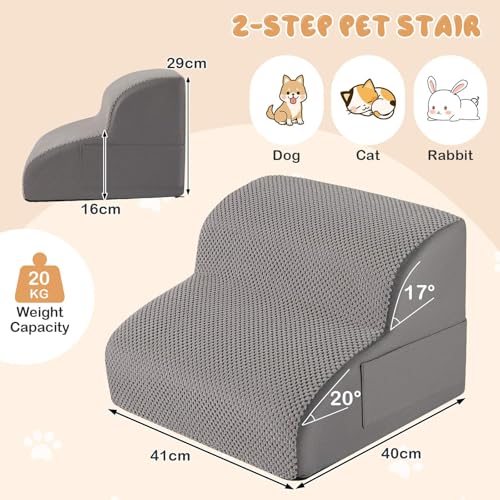 2-Step Dog Stairs Steps, High Density Foam Non-Slip Pet Ladder w/Storage Pocket & Handle
