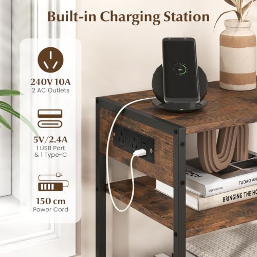 End Table w/Charging Station, Open Shelf & Metal Mesh Compartment
