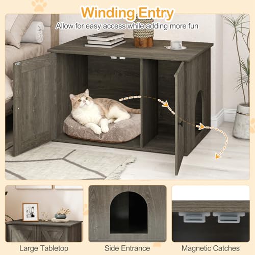 Hidden Cat Litter Box Enclosure Furniture, 80 x 53 x 50 CM Wooden Cabinet w/ Divider