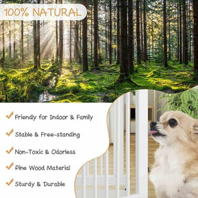 207 x 77 cm Freestanding Pet Gate, 4 Panel Retractable Wooden Folding Dog Fence w/Walk Through Door