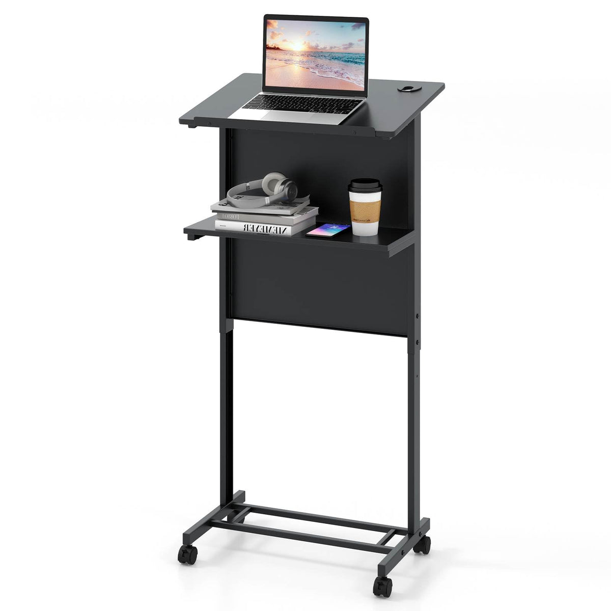 Rolling Podium Stand, 3-Position Height Adjustable Lectern Table with Tilted Tabletop