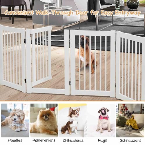 207 x 77 cm Freestanding Pet Gate, 4 Panel Retractable Wooden Folding Dog Fence w/Walk Through Door